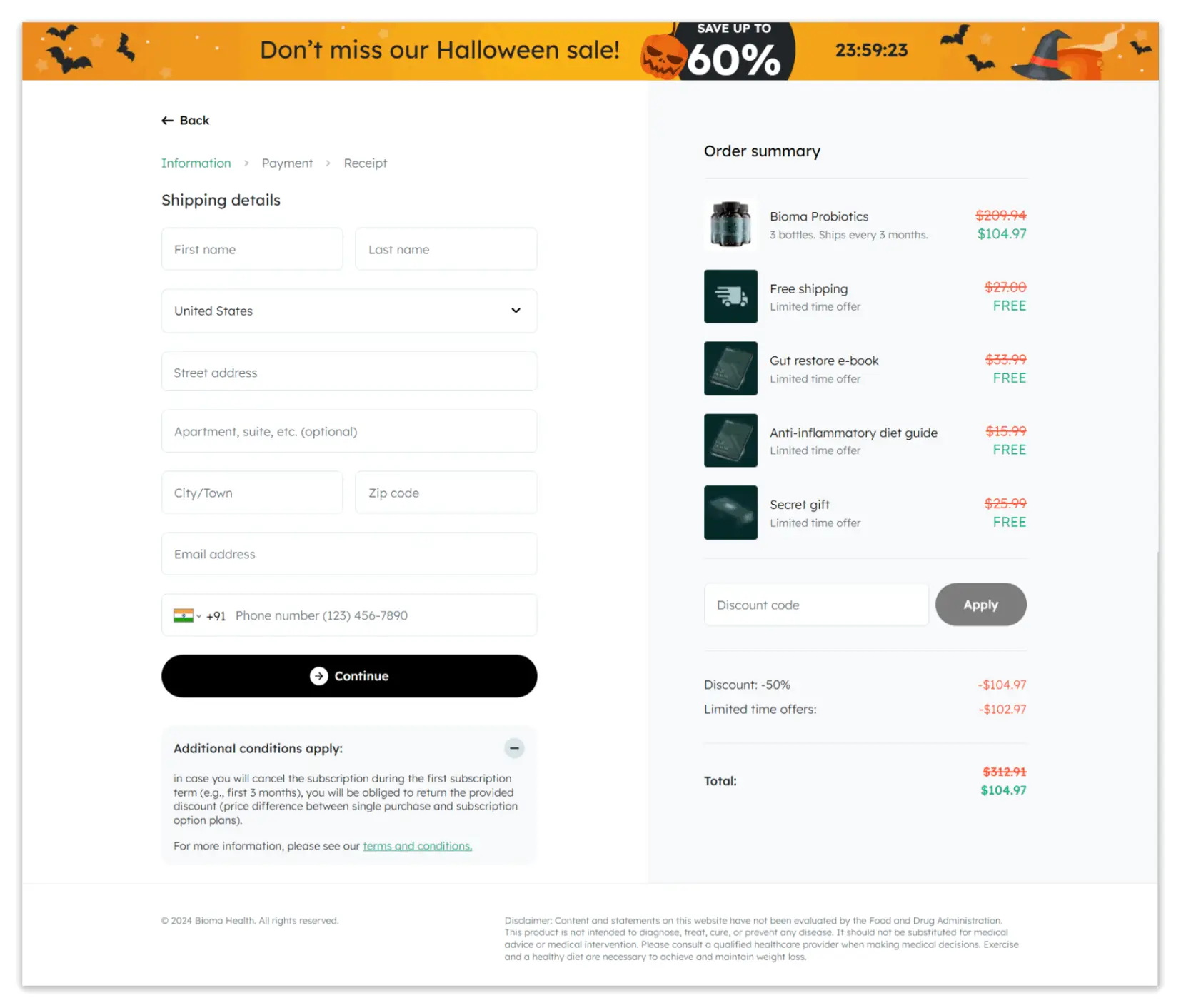 Bioma Probiotics checkout page