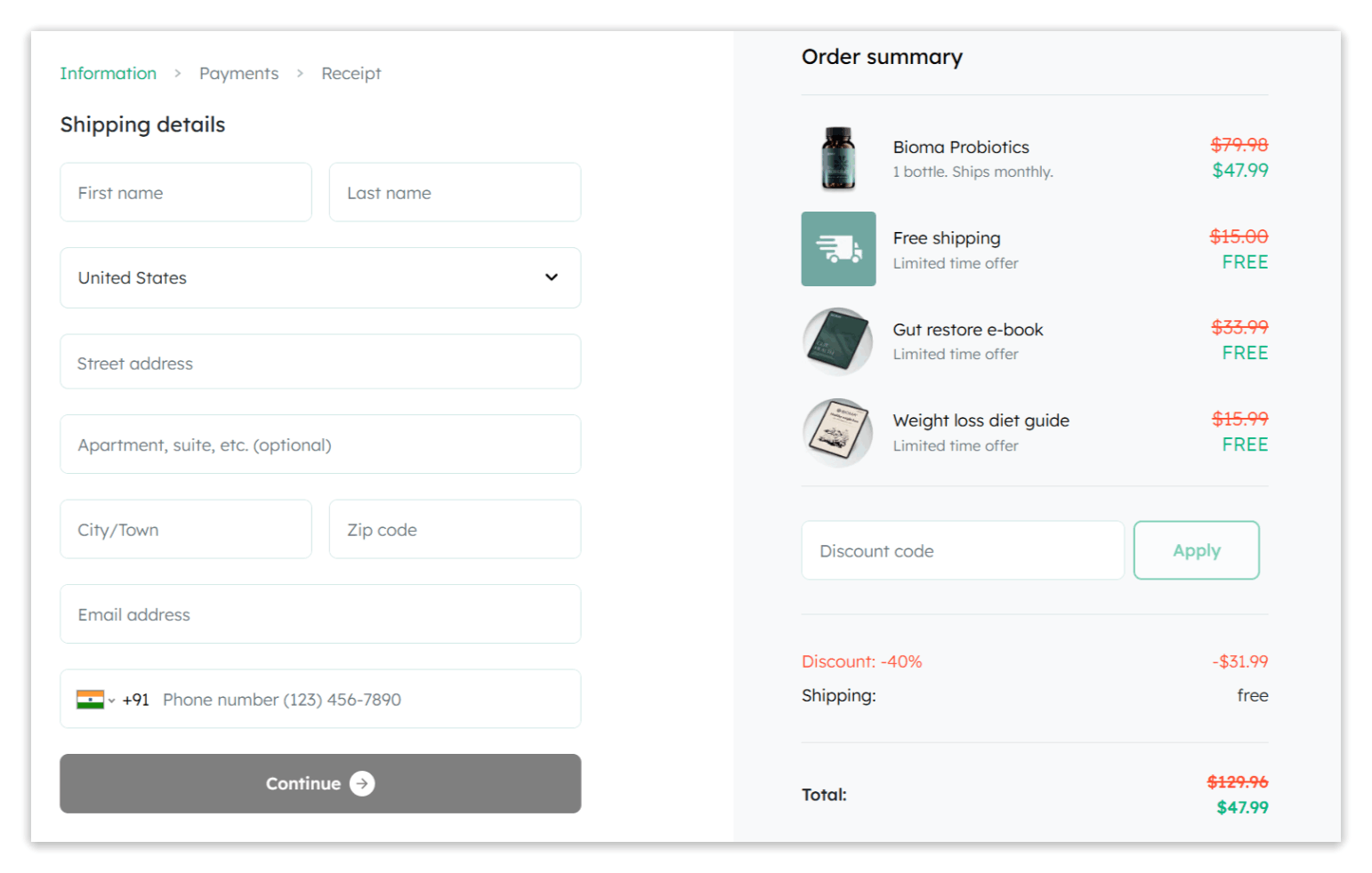 Bioma Probiotics checkout page